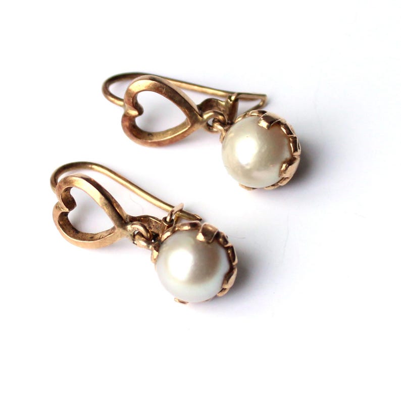 Vintage 9ct Gold Pearl Heart Drop Earrings
