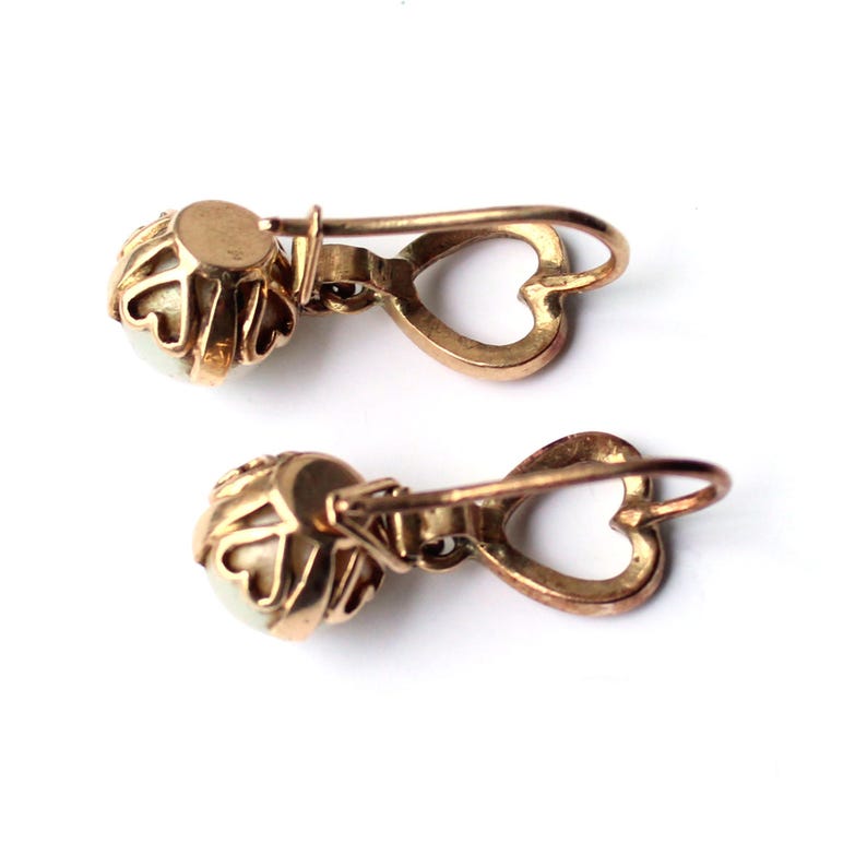 Vintage 9ct Gold Pearl Heart Drop Earrings