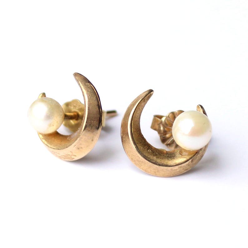 Vintage 9ct Gold Pearl Moon Earrings