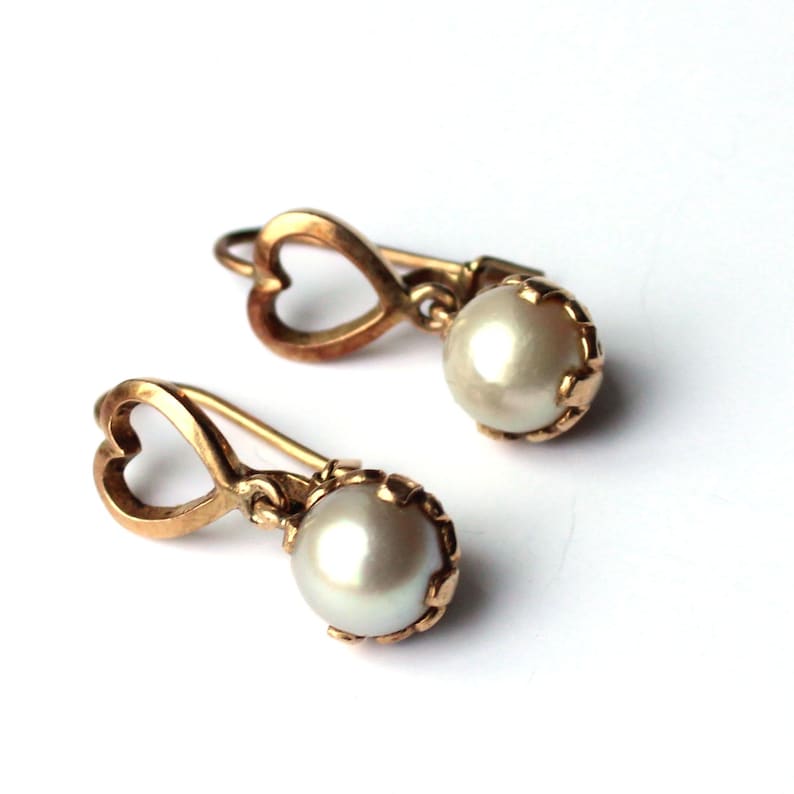 Vintage 9ct Gold Pearl Heart Drop Earrings