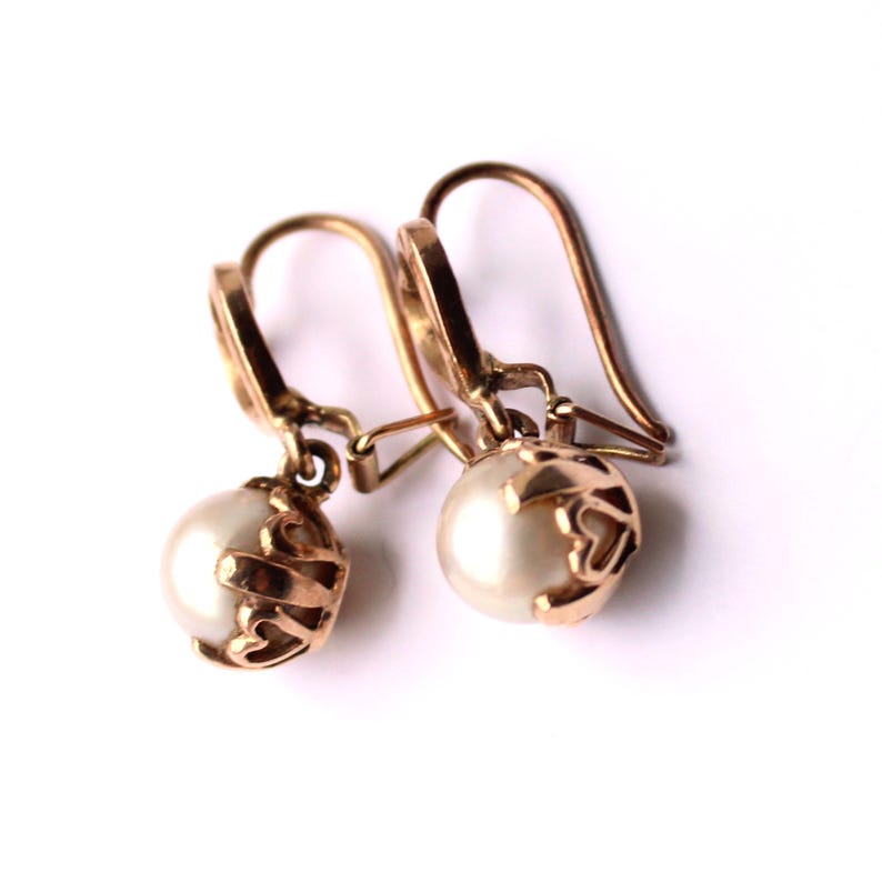 Vintage 9ct Gold Pearl Heart Drop Earrings