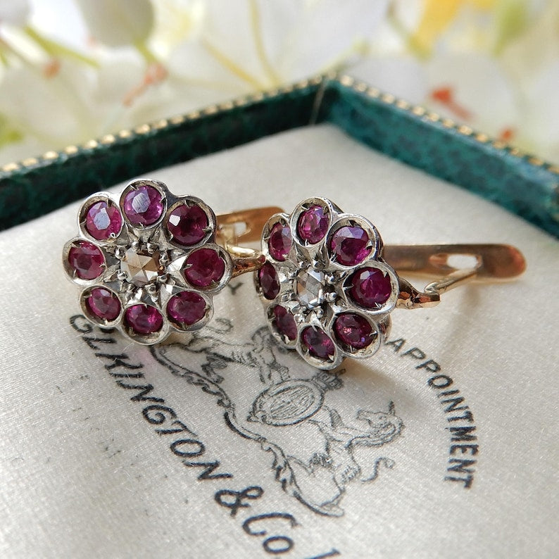 Vintage 9ct Gold Ruby & Diamond Cluster Earrings