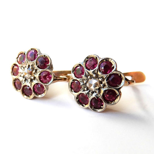 Vintage 9ct Gold Ruby & Diamond Cluster Earrings