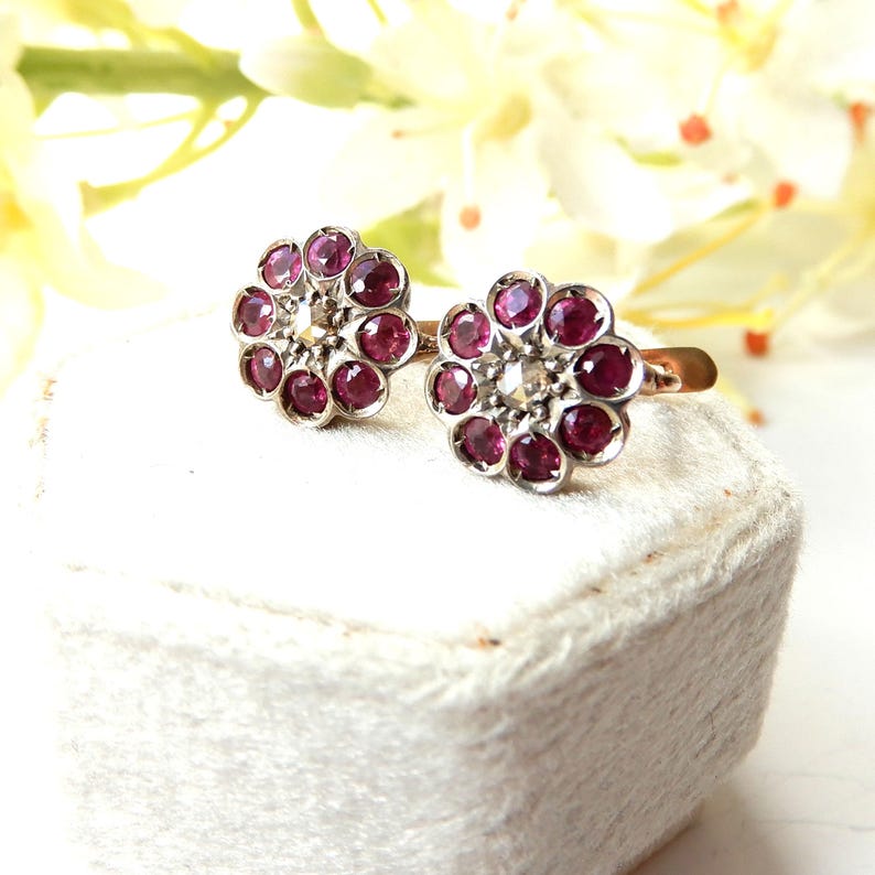 Vintage 9ct Gold Ruby & Diamond Cluster Earrings