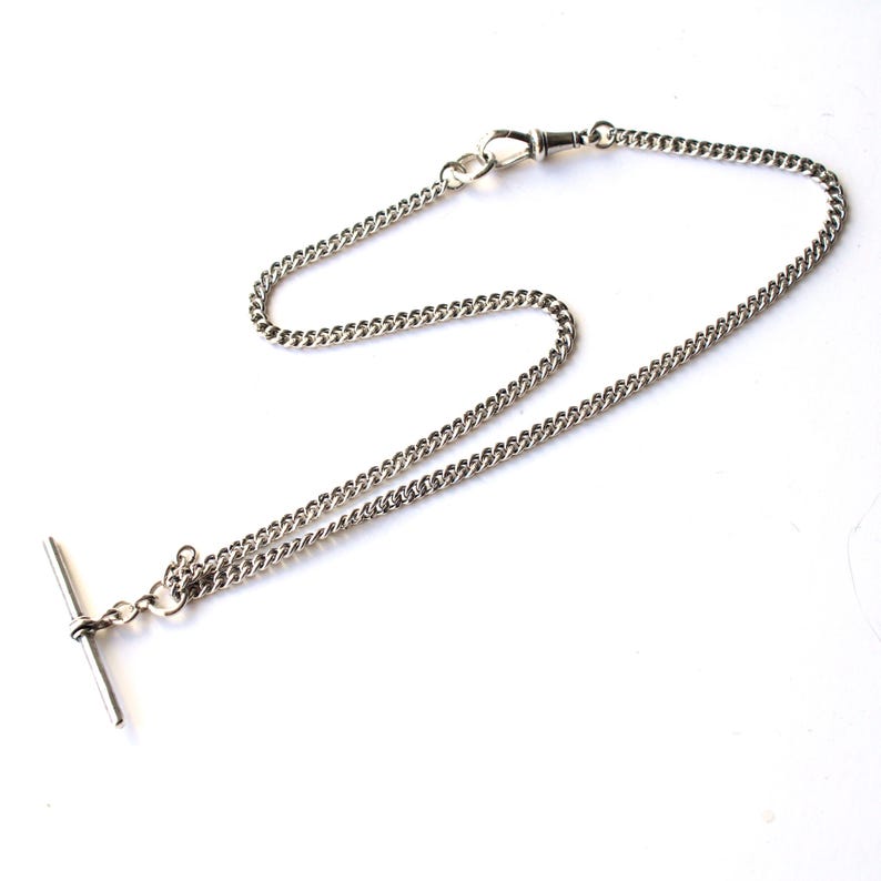 Chunky Vintage Solid Silver 15inch Chain Albert Chain with T Bar Dog Clip (13.9grams)