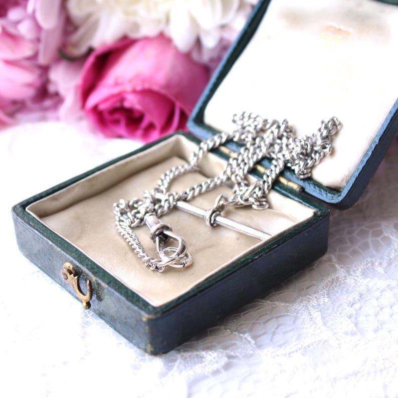 Chunky Vintage Solid Silver 15inch Chain Albert Chain with T Bar Dog Clip (13.9grams)