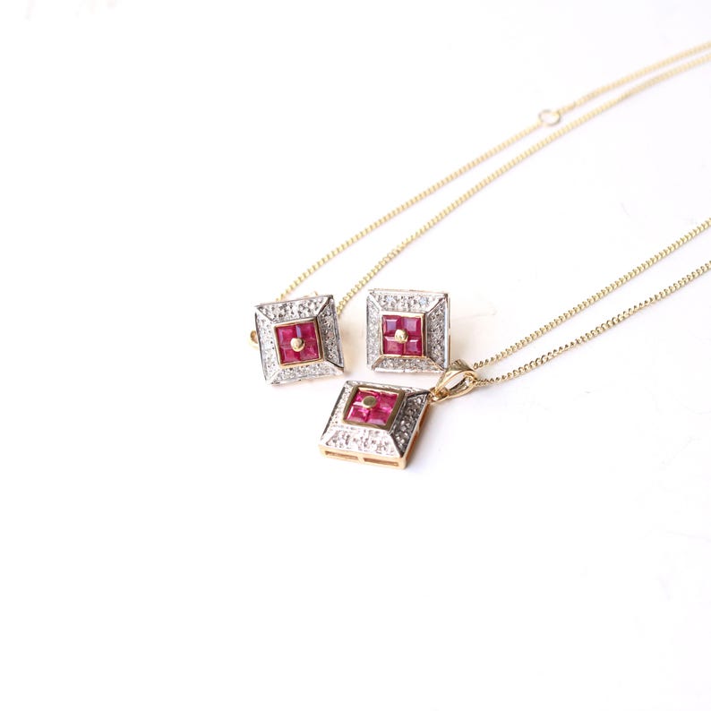 Art Deco style 9ct Gold Ruby & Diamond Necklace & Earring Set