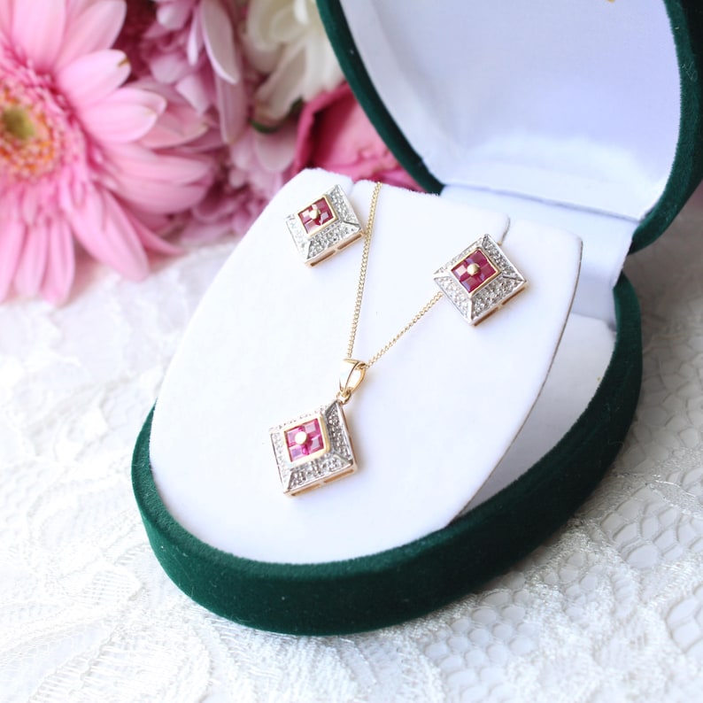 Art Deco style 9ct Gold Ruby & Diamond Necklace & Earring Set