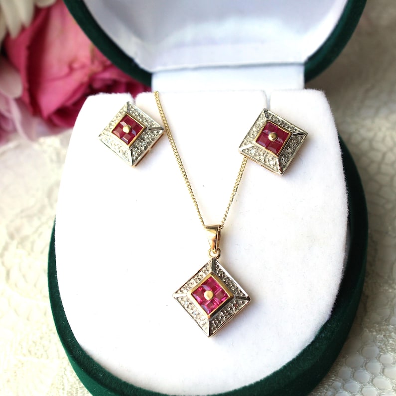 Art Deco style 9ct Gold Ruby & Diamond Necklace & Earring Set
