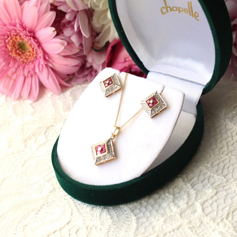 Art Deco style 9ct Gold Ruby & Diamond Necklace & Earring Set