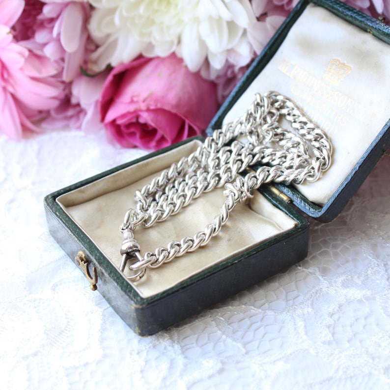 Chunky Vintage Solid Silver 14.5inch Chain Albert Chain with Dog Clip (33.8grams)
