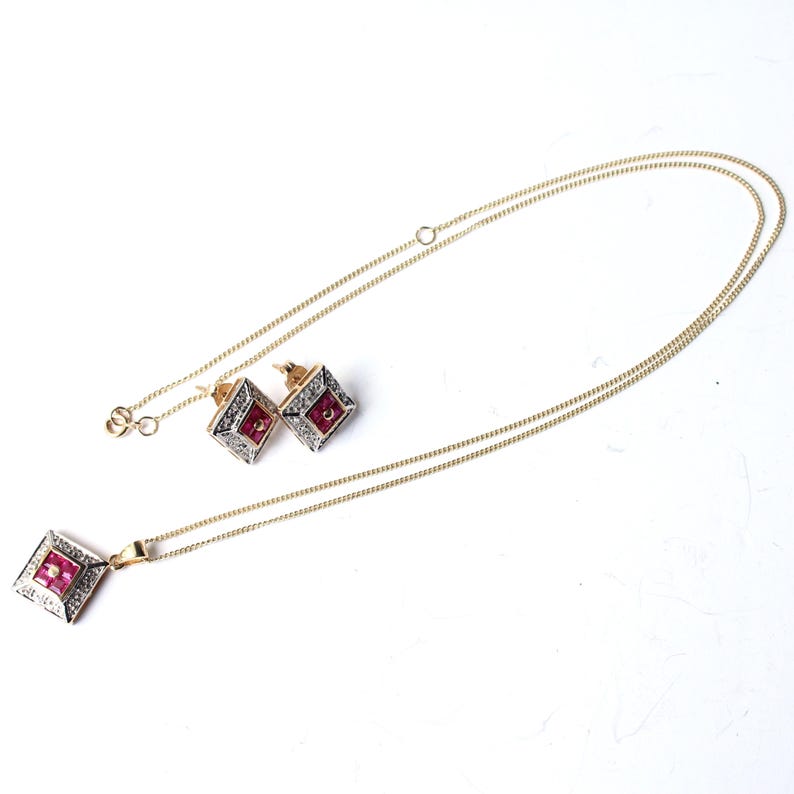 Art Deco style 9ct Gold Ruby & Diamond Necklace & Earring Set