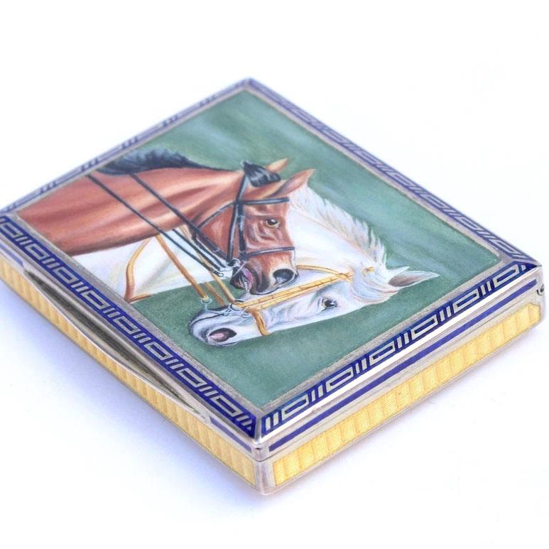 Rare Antique Continental Silver Guilloche Enamel Horse Snuff Box with Greek Key