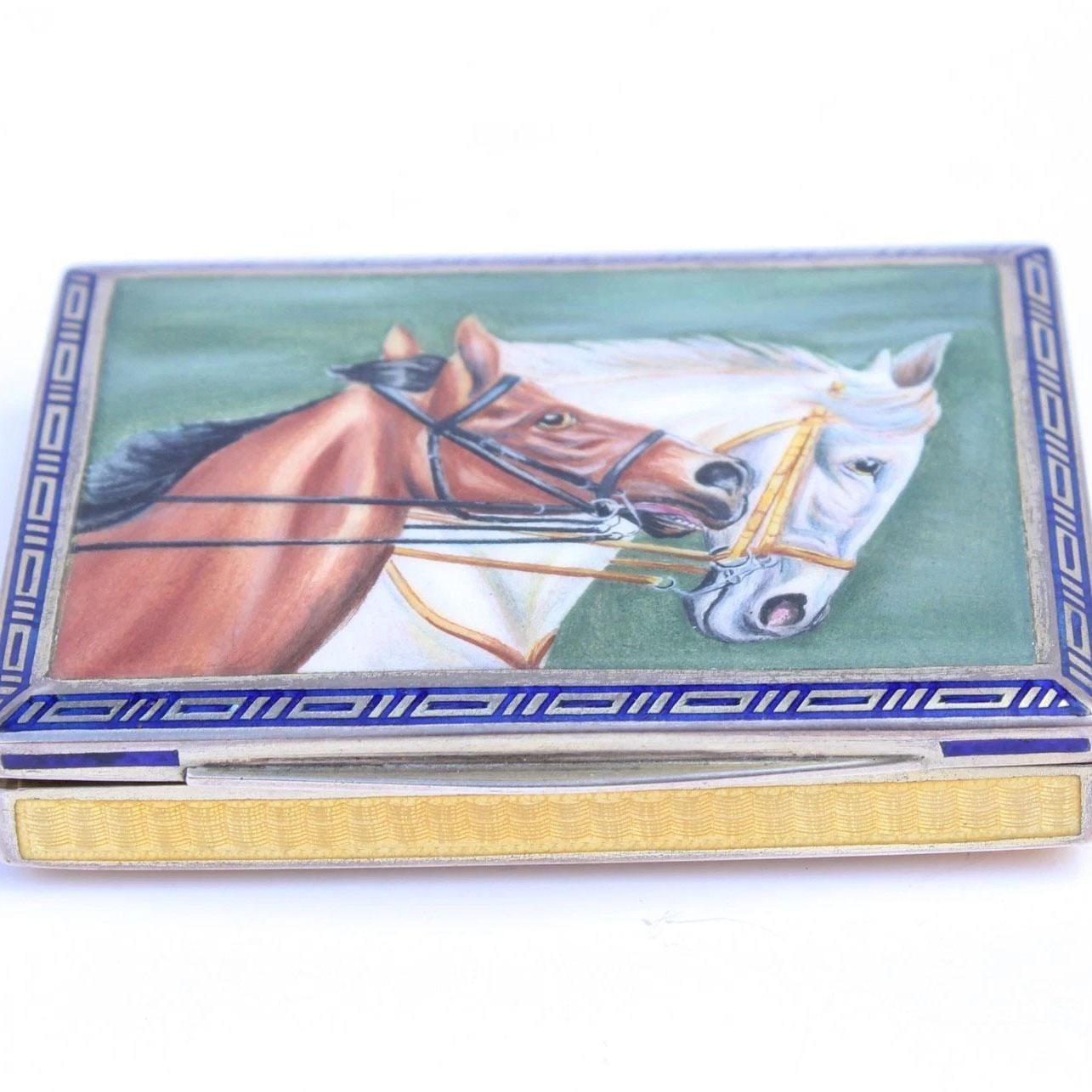 Rare Antique Continental Silver Guilloche Enamel Horse Snuff Box with Greek Key