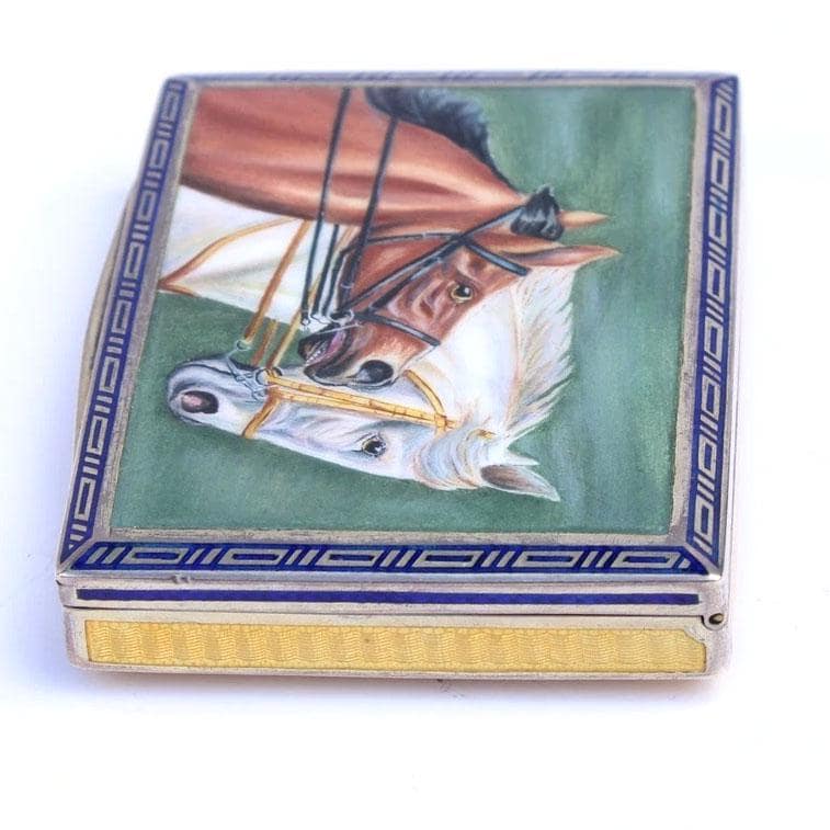Rare Antique Continental Silver Guilloche Enamel Horse Snuff Box with Greek Key