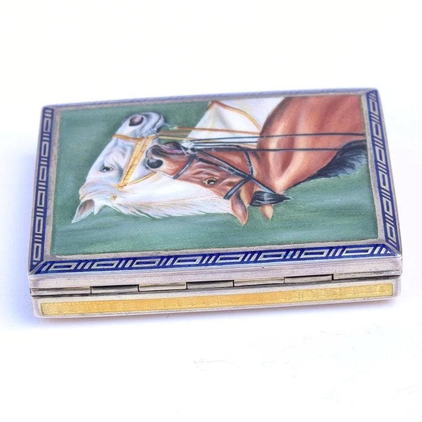 Rare Antique Continental Silver Guilloche Enamel Horse Snuff Box with Greek Key