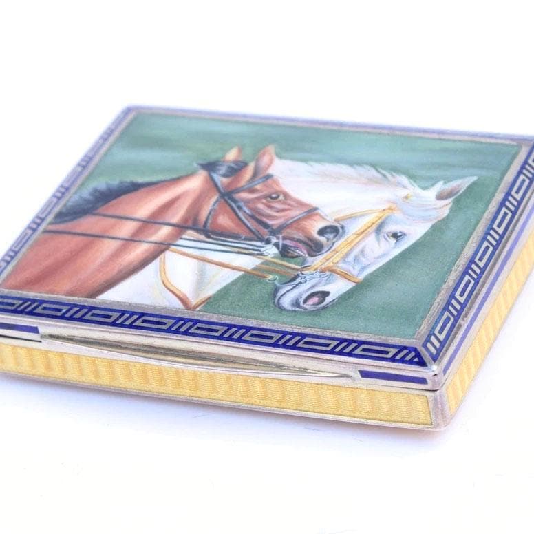 Rare Antique Continental Silver Guilloche Enamel Horse Snuff Box with Greek Key