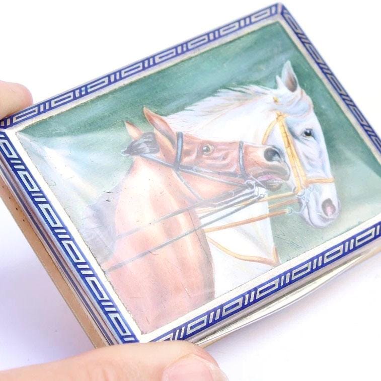 Rare Antique Continental Silver Guilloche Enamel Horse Snuff Box with Greek Key