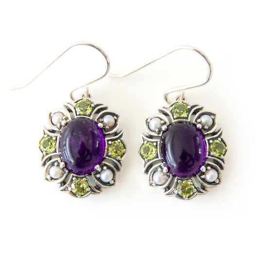 Sterling Silver Suffragette style Earrings with Amethyst Peridot & Seed Pearl