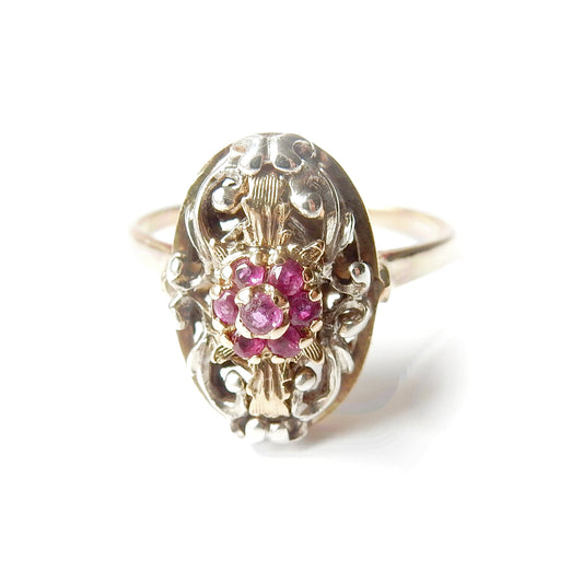 Unusual Antique 9ct White Gold Filigree Ruby Ring US Size 8 3/4 UK S
