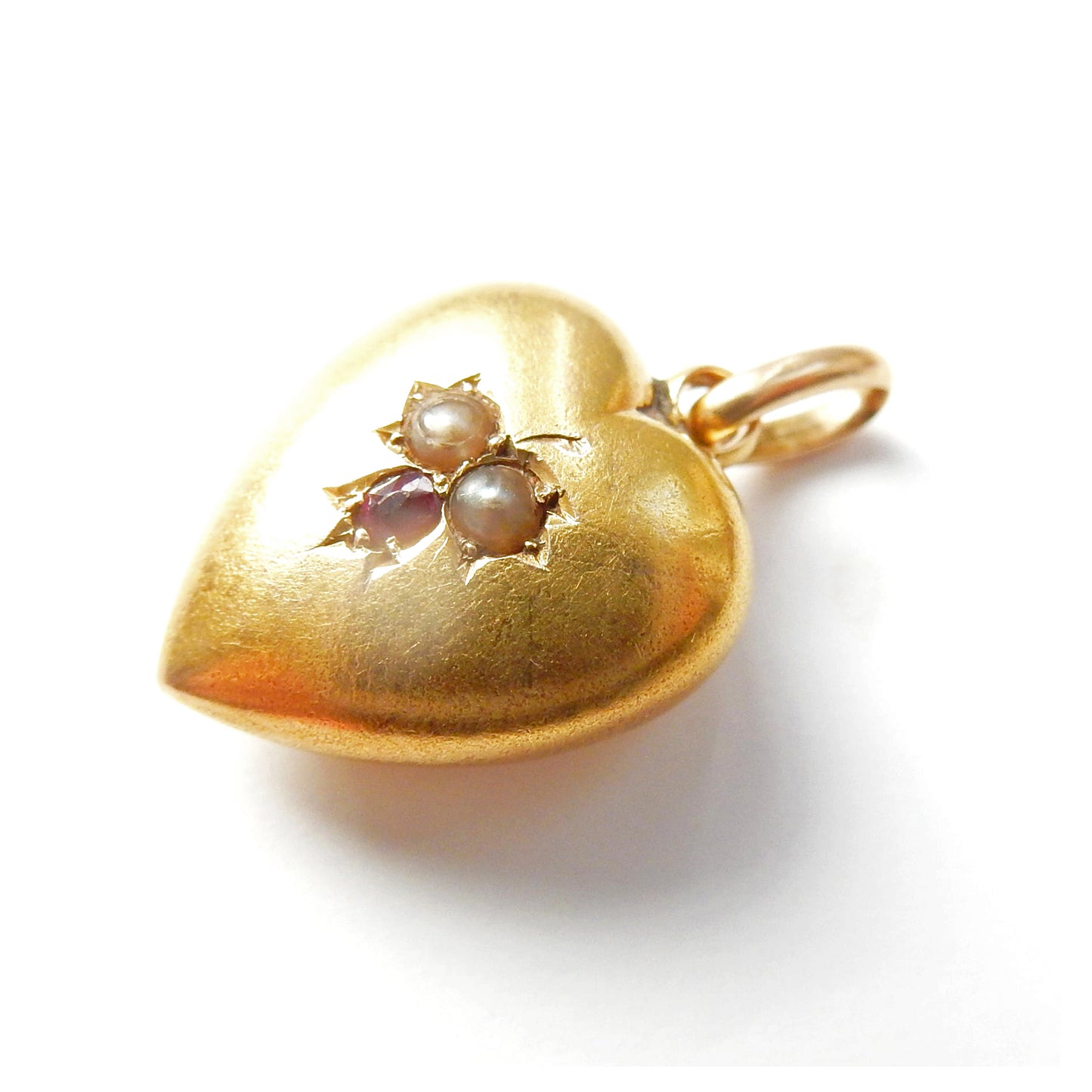 Victorian 15ct Gold Seed Pearl & Garnet Puffy Heart Charm