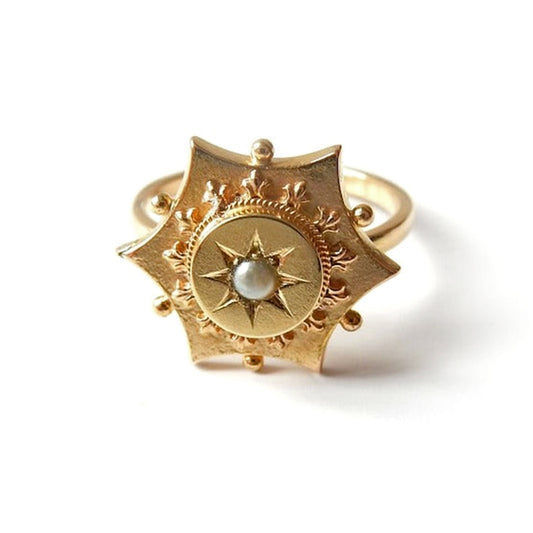 Victorian 9ct Gold Etruscan Star Ring US Size 6 3/4 UK O