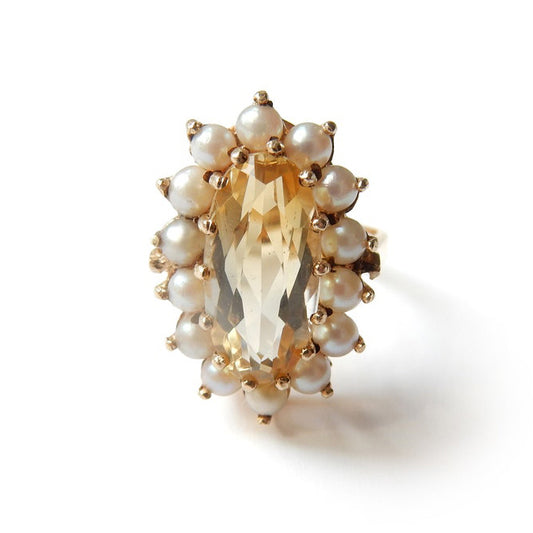Vintage 9ct Gold Citrine & Seed Pearl Cocktail Ring