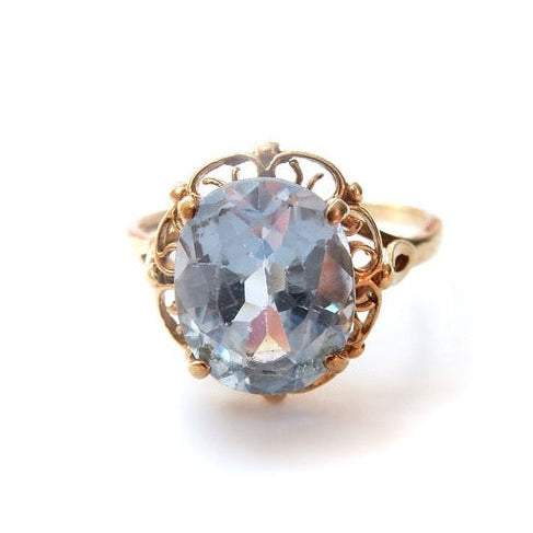 Vintage 9ct Gold Created Blue Spinel Filigree Ring
