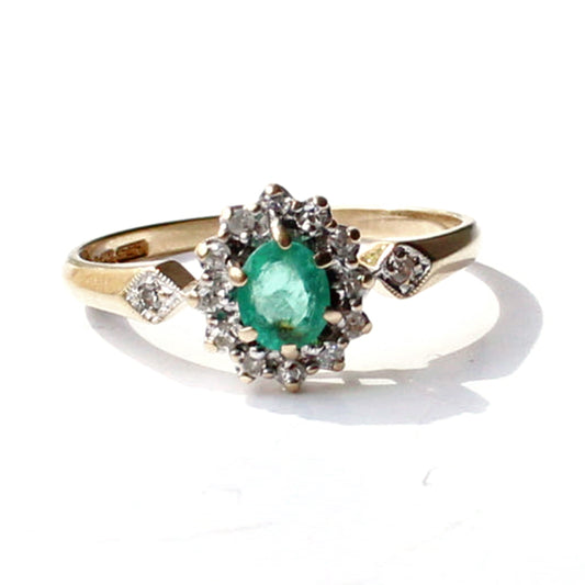 Vintage 9ct Gold Emerald & Diamond Halo Ring