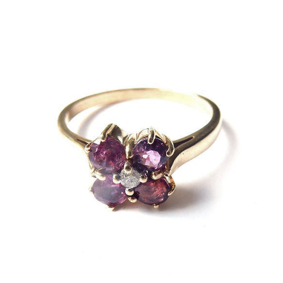 Vintage 9ct Gold Ruby & Diamond Petal Ring