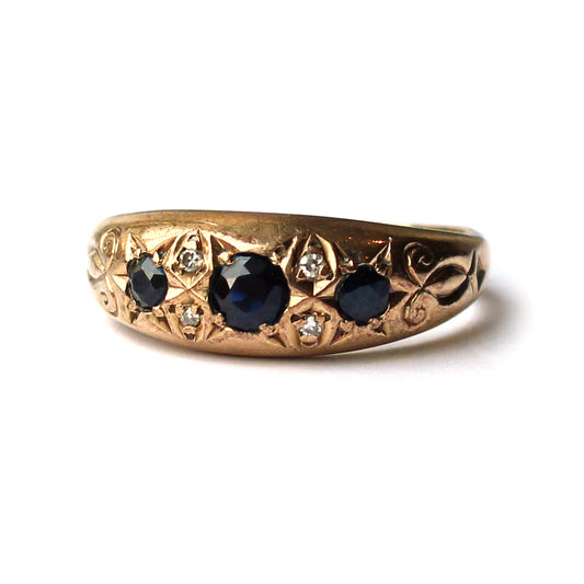 Vintage 9ct Gold Sapphire & Diamond Gypsy Ring