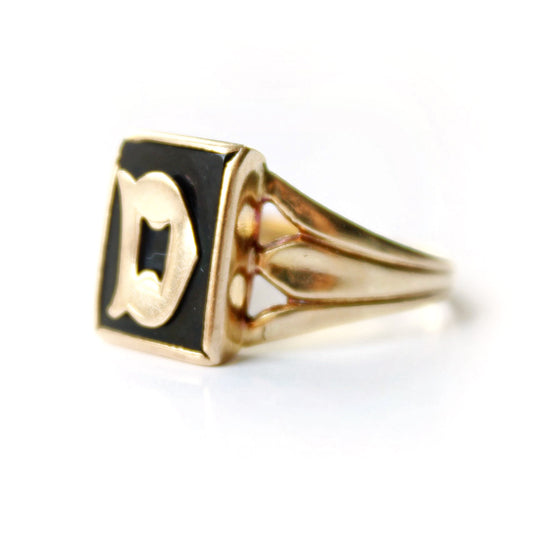 Vintage 9ct Rose Gold Initial "D" Onyx Signet Ring