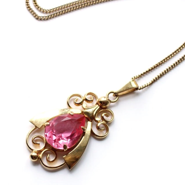 Vintage French Rolled Gold Pink Paste Necklace