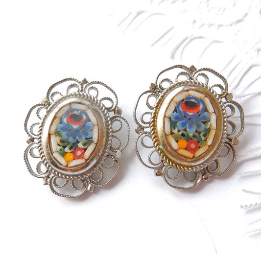 Vintage Italian Micro Mosaic Clip Back Earrings
