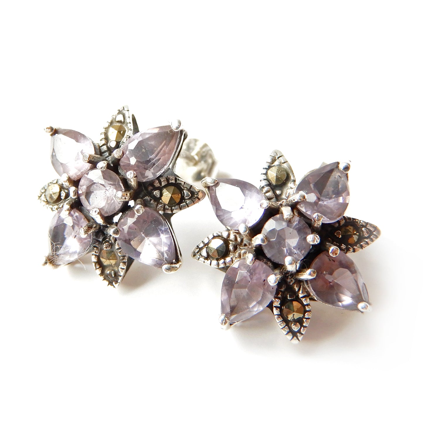 Vintage Sterling Silver Amethyst Cluster Earrings