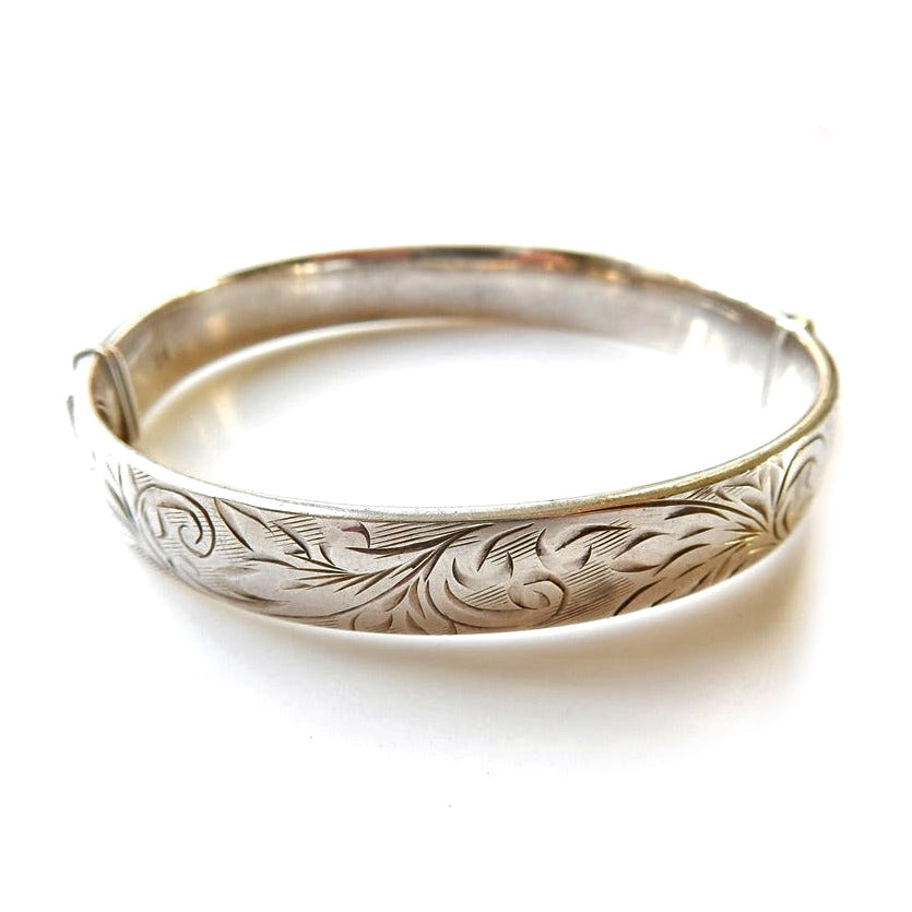 Vintage Sterling Silver Etched Bangle Bracelet Patented