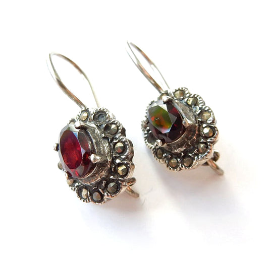 Vintage Sterling Silver Garnet Marcasite Drop Earrings