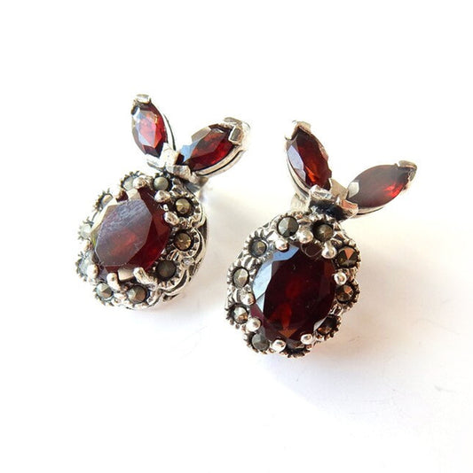 Vintage Sterling Silver Garnet Marcasite Earrings