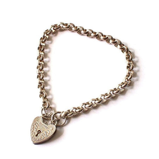 Vintage Sterling Silver Link Bracelet with Heart Padlock Catch