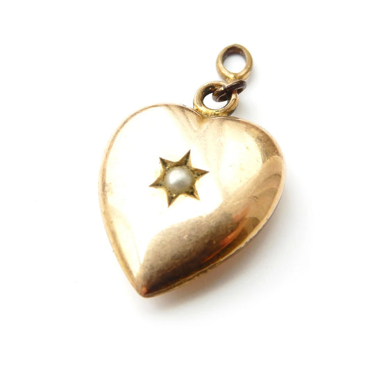 Antique Rolled Gold Seed Pearl Puffy Heart Pendant Charm