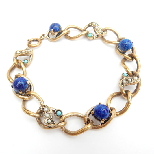 Antique Rolled Gold Lapis Seed Pearl & Turquoise Bracelet