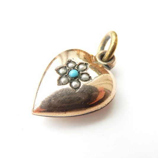Antique Rolled Gold Turquoise & Seed Pearl Puffy Heart Charm