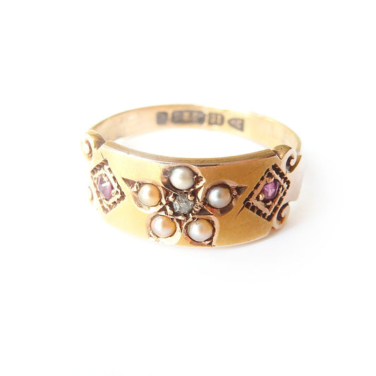 Early Victorian 15ct Gold Ruby Peridot & Seed Pearl Ring US Size 6.5 UK O