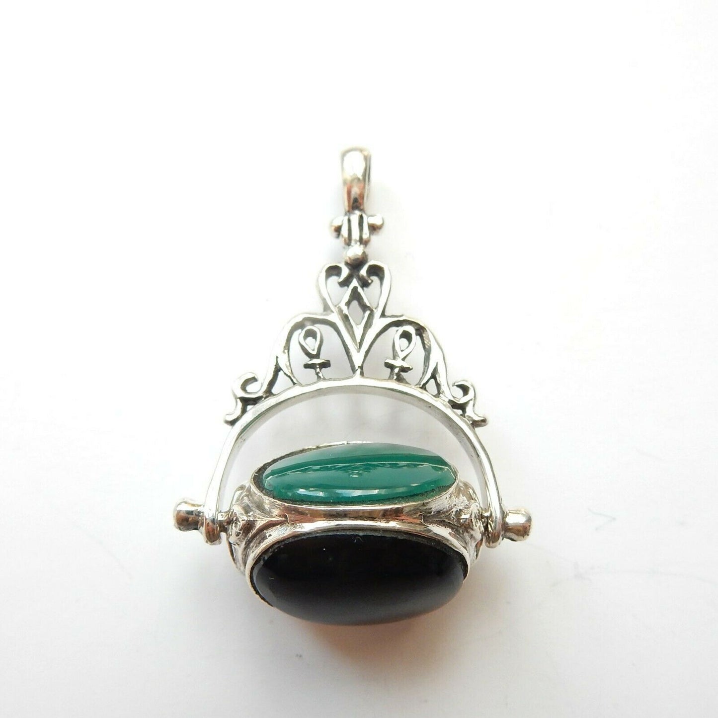 Vintage Sterling Silver Onyx Agate Carnelian Spinning Fob Pendant
