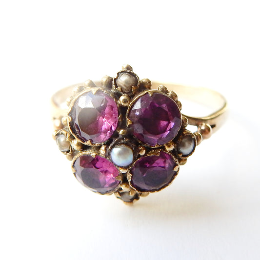 Antique 9ct Gold Almandine Garnet & Seed Pearl Petal Ring US Size 6 UK N