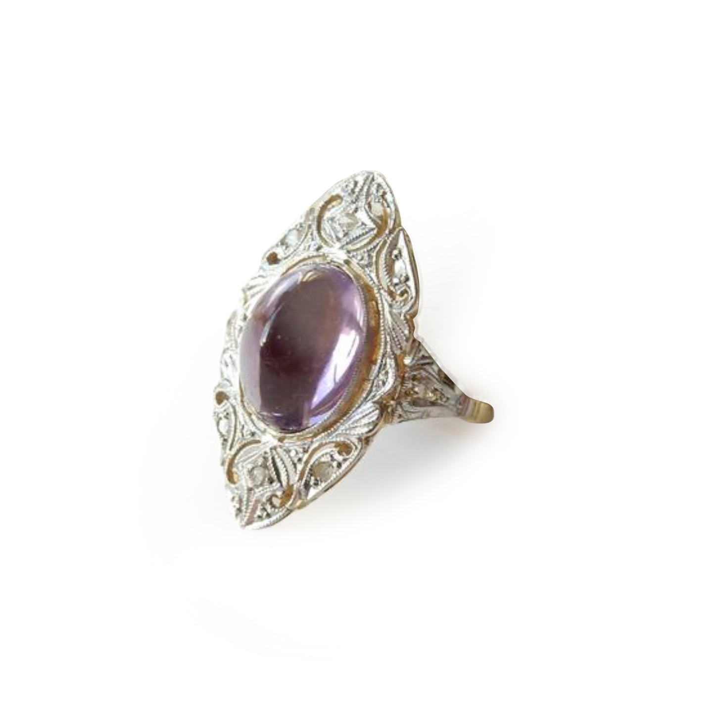 Victorian 18ct Gold Diamond Amethyst Cabochon Navette Ring US Size 7 UK P