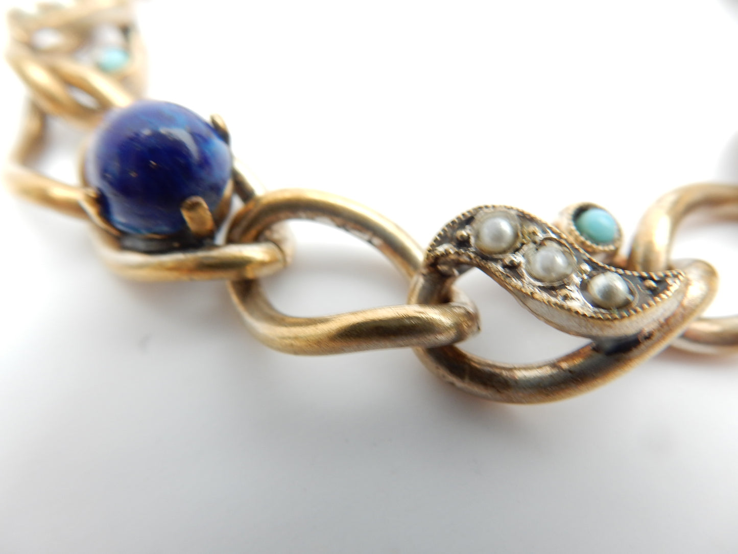 Antique Rolled Gold Lapis Seed Pearl & Turquoise Bracelet