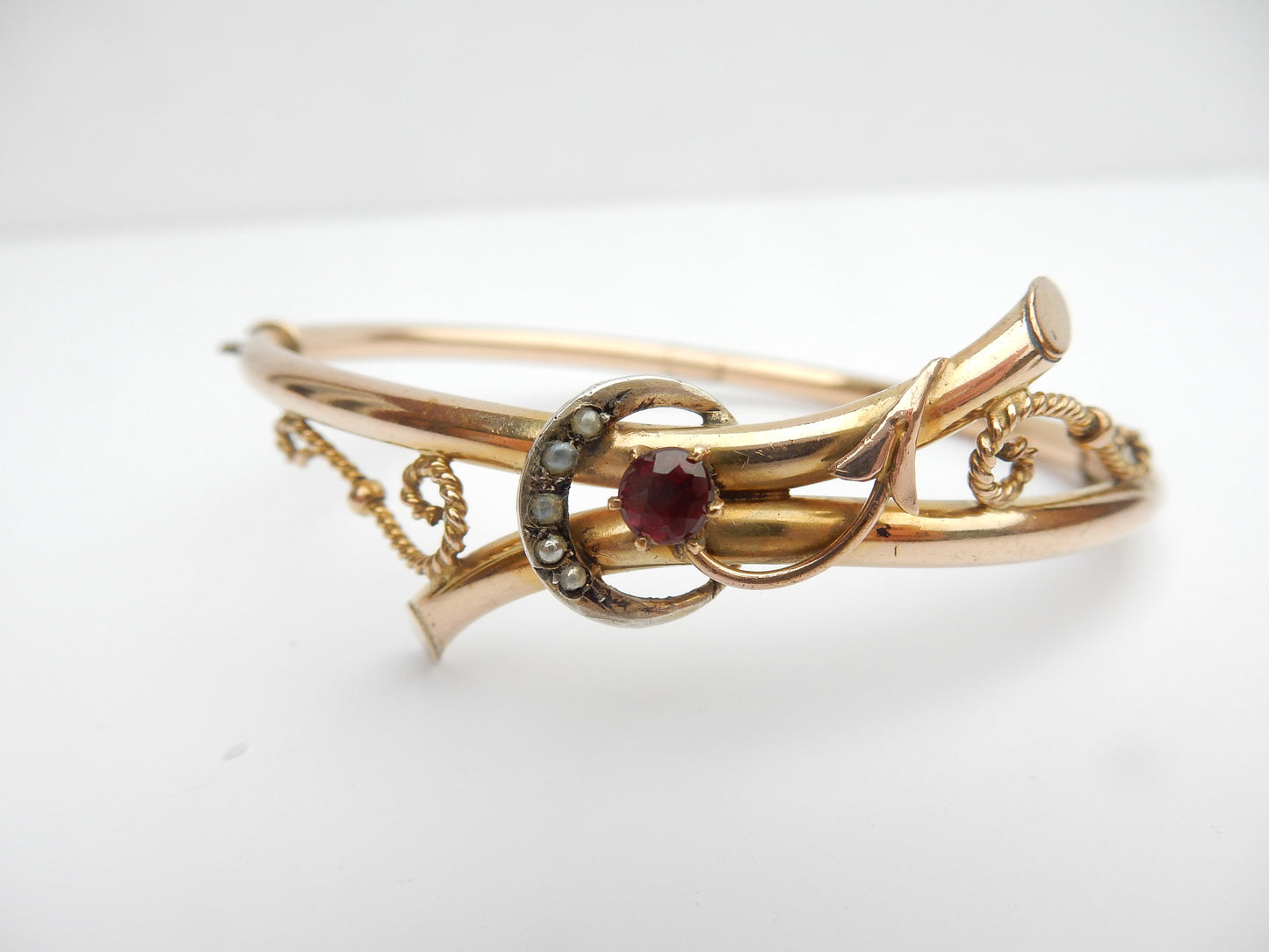 Antique 9ct Rolled Gold Ruby Paste & Seed Pearl Moon Crescent Bangle Bracelet