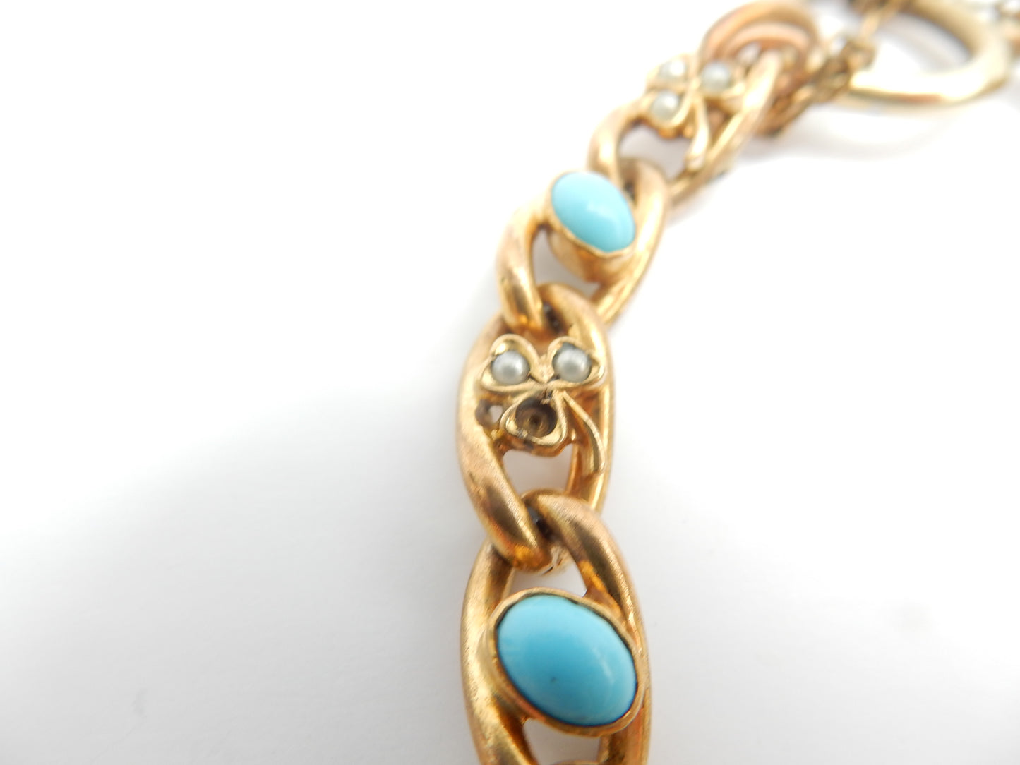 Antique Rolled Gold Turquoise & Seed Pearl Clover Leaf Bracelet