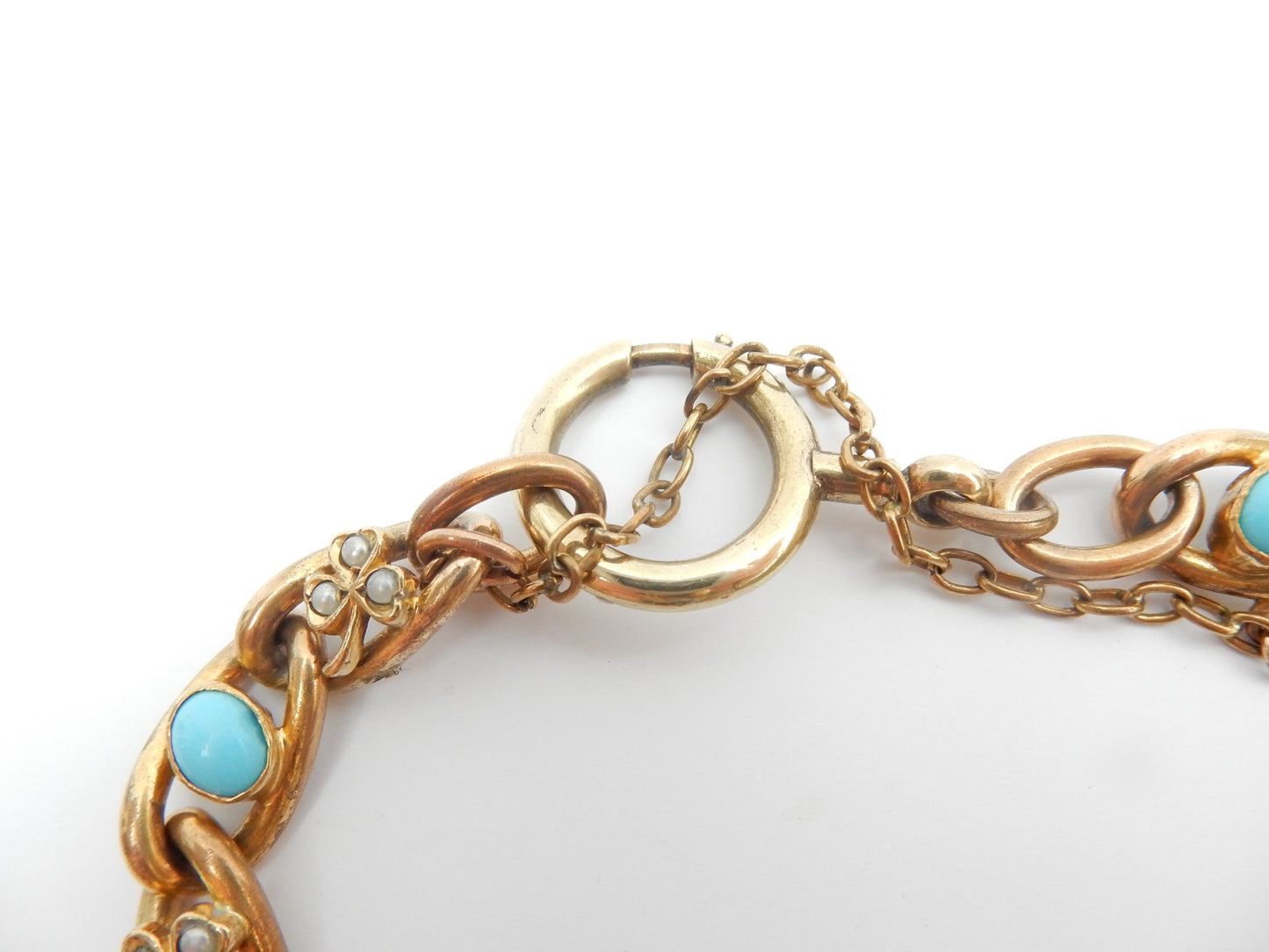Antique Rolled Gold Turquoise & Seed Pearl Clover Leaf Bracelet
